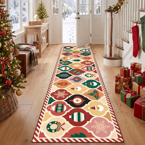 TUKDAK Bunt Weihnachtsteppich Läufer 60x240cm Waschbar rutschfest Vintage | Kurzflor Teppich Läufer Weihnachten, Küchenläufer Weihnachten, Küchenteppich, Teppichläufer für Küche Schlafzimmer Wohnzimmer