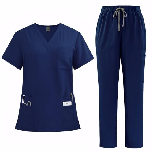 Meichoon Scrubs Set for Women Medical Uniform Set with V Neck Short Sleeve Top Straight Leg Pants 8 Pockets Stretchy Drawstring Moisture-Wicking DK77