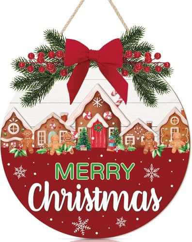TOARTi Merry Christmas Gingerbread House Decor,Christmas Wooden Sign Wreath (11.4x11.4inch) Xmas Candy Gingerbread Man Wall Art,Winter Party Hanging Door Sign for Home Festival Front Door Decor
