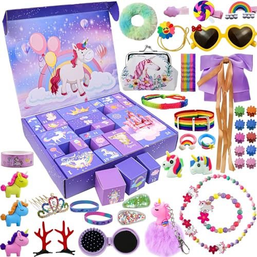 Einhorn Adventskalender Mädchen 2025, Weihnachts Countdown Kalender, mit 24 Tagen Überraschungen Einhorn Geschenke, einschließlich Haarschmuck, Haarspangen, Armbänder, Geldbörse