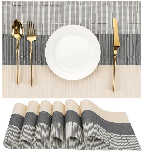 Chitomars Tischsets abwaschbar, Platzsets abwaschbar PVC Platzdeckchen | 6er Set Tischsets Outdoor Vinyl hitzebeständig Gewebte Platzdeckchen für Häuser Restaurants Hotel (Beige Grau, 6er Set)
