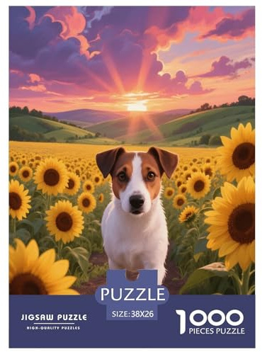 1000 Piece Jack Russell Terrier Jigsaw Puzzle for Adults - Family Fun, Family Happy Game, Sunflower Field Jigsaws, Decoration Unique Gift 38x26cm/1000pcs