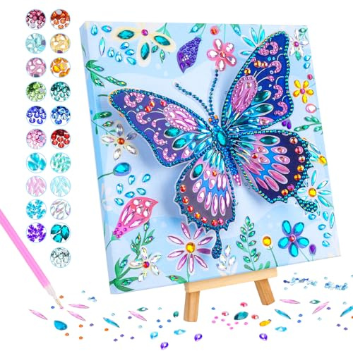 Kuvarix Kit de peinture diamant papillon, cadeau pour les filles de 6 à 11 ans, peinture diamant pour enfants sur toile en bois, kit de loisirs créatifs à faire soi-même, cadeau d'anniversaire