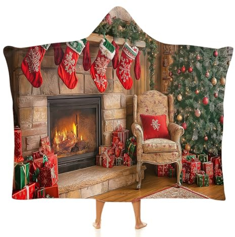 MGDIFYXAA Coperta con Cappuccio Caminetto con calza di Natale Coperta per divano, Natale dei cartoni animati soffice coperta, per divani, copriletto, coperta da viaggio, morbida 150×200 cm