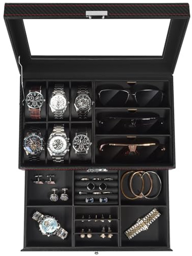 Uhrenbox, Schmuckkästchen Herren mit 6 Fächern, 2 Ebenen Watch Box, Uhrenkasten mit Schublade, Uhrenetui mit Glasdeckel & Schloss, Sonnenbrillen & Uhrenaufbewahrung, PU-Leder, Geschenke Männer