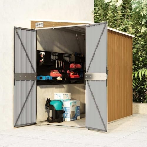 Abri de Jardin adossé Marron, 118 x 194 x 178 cm, en Acier galvanisé, avec Plancher et Toit surélevé, abri extérieur pour Bois de Chauffage et Outils de Jardin.