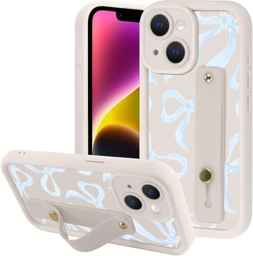 Yoedge Aesthetic Blue Bow Phone Case for iPhone 16 with Flexible Adjustable Soft Finger Hand Wrist Strap Holder Kickstand Silicone Shockproof Protection Funda for iPhone 16 6.1 Inch