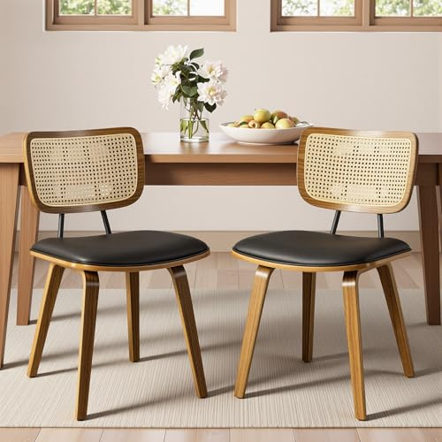 WOOW DEPOT Esszimmerstühle 2er Set mit Natürlichem Rattan Rücken, 6cm Polsterung, Skandinavischer Designer-Stil, Bugholzbeine, 48cm Sitzhöhe, Kunstleder, 150kg Belastbar Schwarz