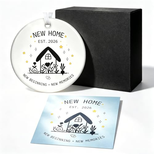 House Warming Gifts New Home Set - Keepsake Est 2026 Ceramic Ornament Housewarming Gifts - Round White Hanging Plaque With Greeting Card And Box - New Home Gifts For Friends Couples