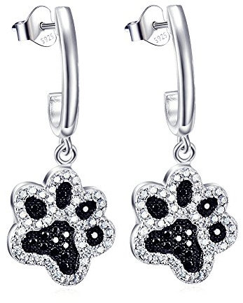 YFN Frauen Damen Schmuck 925 Sterling Silber zweifarbig Haustier Welpe Pfote Drop &Dangle Ohrringe Pfote Ohrring Hund Ohrstecker (Dangle Black)