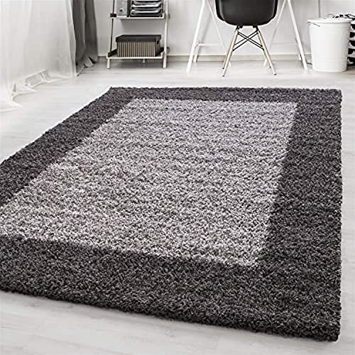 Ayyildiz Teppich-Hochflor Shaggy Teppich Bordüre Muster Wohnzimmer , Polypropylen, Grau, 300 X 400