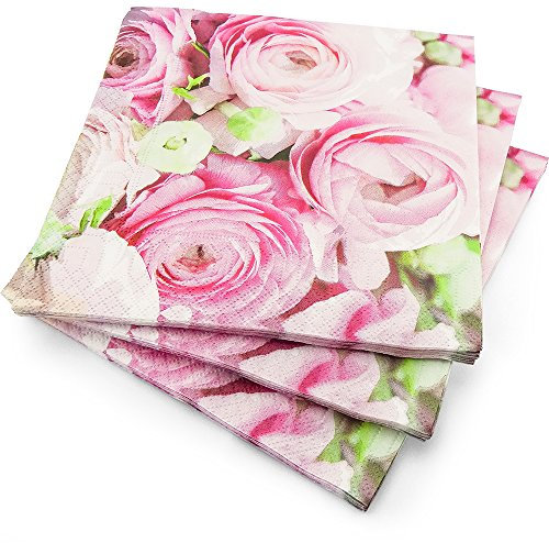 Party & Paper Solutions 20 Luxus 3-lagig Pink und Grün Rose Blütenblatt Blatt Muster Papier Servietten – 33 cm x 33 cm ideal für Hochzeiten, Taufen, Partys, Grillabende etc