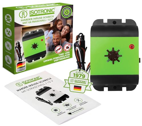 ISOTRONIC Marderschreck Auto – Marderabwehr zum Anschluss an 12V Autobatterien – Marderschutz mit Vibrationssensor & Ultraschall – Anti Marder Abwehr (1 Stück)
