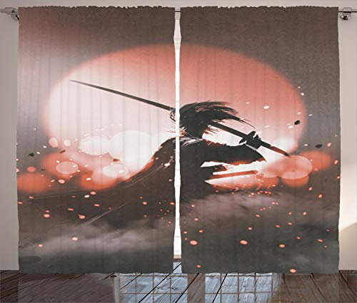 ABAKUHAUS japanisch Rustikaler Vorhang, Samurai Japan, Wohnzimmer Universalband Gardinen mit Schlaufen und Haken, 280 x 225 cm, Lachs Umbrabraun