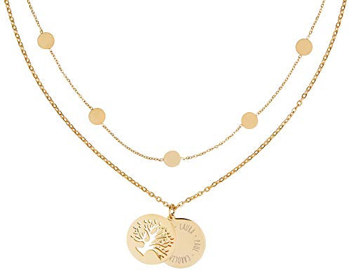 Gravado Mondgold 2er-Set Layering Circle Halskette mit Kreis-Anhängern aus Gold-Edelstahl und Kette mit Kreis und Lebensbaum Cut-Out Anhänger, Personalisiert mit Namen, Damen Schmuck