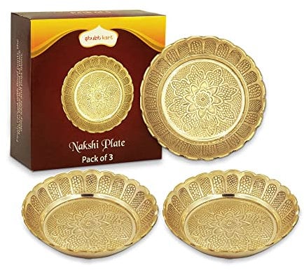 Shubhkart Massives Messing Nakshi Teller Set für Puja Deko (Groß 11cm, 3 Stück, massives Messing)