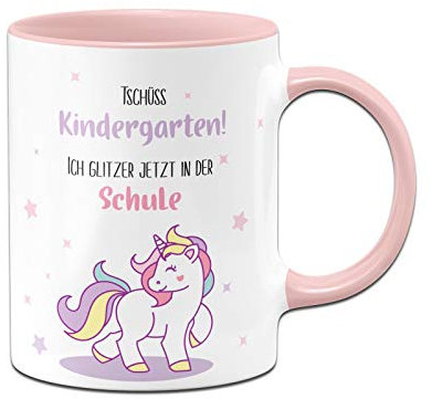 Tassenbrennerei Schulkind Tasse Einhorn - Tschüss Kindergarten! Ich glitzer jetzt in der Schule - Kakaotasse mit Spruch - Geschenk zur Einschulung Mädchen (Rosa)