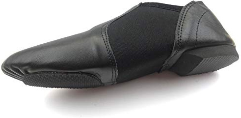 Slip On Jazz Dance Shoes - Black Leather - Modern Stage Rubber Heel Split Sole – Neoprene - Irish Dancing Pumps for Kids, Girls & Children