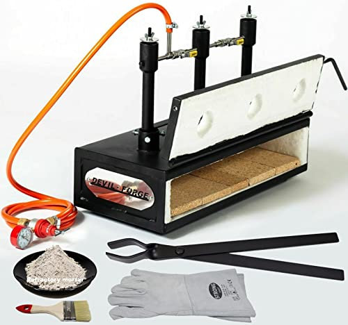 DEVIL-FORGE Fragua de gas DFHS3+1D/3.6” Horno de Forja, 3 Quemadores DFP (240.000 BTU) usas 1/2o3, Válvula de bola gas, Estrangulador de aire, 1 Puerta, cuchillos, herraduras, Herrero, Herrador 1370°C