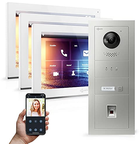 Goliath Hybrid - IP | Full-HD Video Türsprechanlage | App | 1-Fam | 3 x Full-Touchscreen 10 | Aluminium Unterputz Türstation | + Fingerprint | 180° Ultra-Weitwinkel | AV-IPS-546