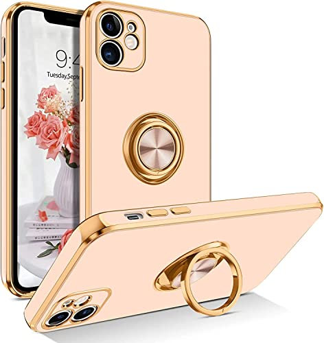 Elexal Electroplated Magnetic Ring Holder Phone Case for iPhone 11, Car Phone Holder with 360° Rotation Finger Ring Holder & Kickstand, Silicone Shockproof Phone Case (6.1 inch) (Rose Gold)