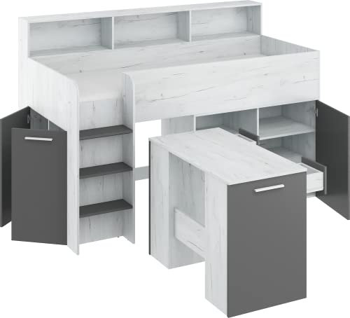 FurnitureByJDM Hochbett mit Schreibtisch, Schubladen, Regalen & Bücherregal – Platzsparendes Kinderbett 80x200 cm Matratzengröße – LinksseitigeTreppe – NEO (Craft Weiß/Graphit)