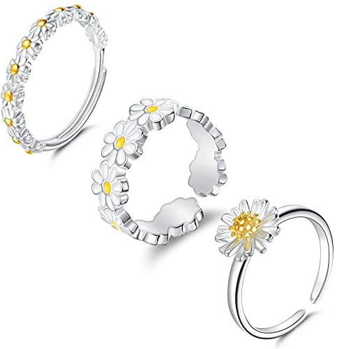 Yaomiao 3 Stück Damen Verstellbare Gänseblümchen Ringe Silber Offene Stapelbare Ringe Verstellbarer Blumen Fingerring für Herren Hochzeit Angst Blumenring für Frauen Mädchen Schmuck