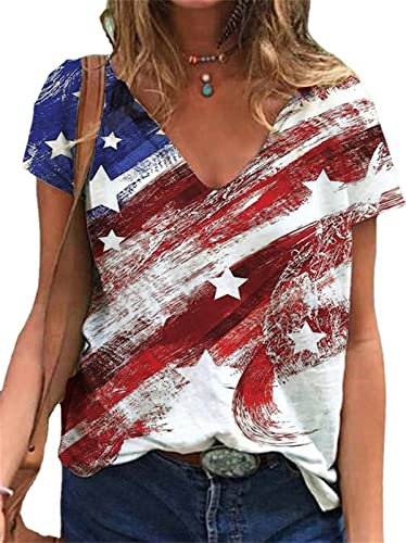 kewing Femmes Vintage Drapeau américain t-Shirt Mode décontracté col en V à Manches Courtes 3D USA Drapeau imprimé été Hauts Basique t-Shirts