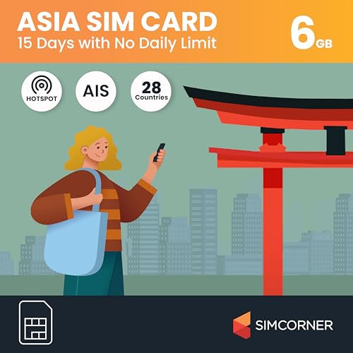 SimCorner Asia Travel SIM Card (6GB, 15 Days) - 3-in-1 Data SIM: Standard, Micro, Nano Compatible w/Unlocked Phones - Prepaid Hotspot/Tethering SIM for Travel