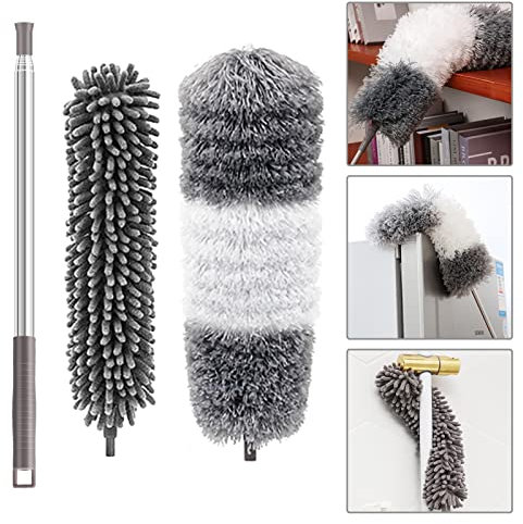 jiuzcare Plumeau Poussière Télescopique, 252cm Tete de Loup Télescopique Microfibre Pliable Lavable avec Poignée en Acier Inox Parfait pour Nettoyage des Ventilateurs de Plafond Toile D'araignée, 2PCS