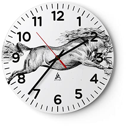 Modern Wanduhr Pferd Zeichnung Bleistift 40x40cm Rund Groß Wand Uhr Glas Analog Zimmeruhren Küche Büro Wohnzimmer Glasuhr Wall Clock Dekoration Design Wanddekoration Küchenuhr C4AR40x40-4906