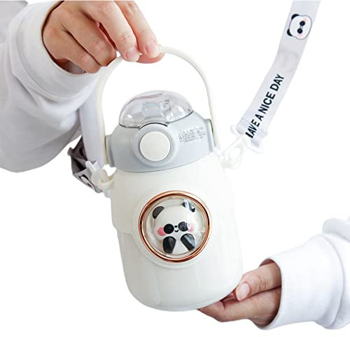 Kawaii Water Bottle, Cute Kawaii Bear Water Bottle With Straw And Shoulder Strap, Cute Water Bottles Aesthetic, Kawaii Water Bottle With Strap And Straw, Leak Proof Easy Clean