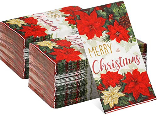 200 Pcs Christmas Poinsettia Napkins Red Green Buffalo Plaid Bordered Poinsettia Paper Guest Towels Dinner Napkins Merry Christmas Holly and Berry Hand Towels for Home Kitchen Christmas Party Supplies