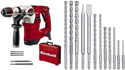 Einhell Marteau perforateur TE-RH 32 4F Kit (1250 W, 5,0 joules, SDS-Plus, poignée anti-vibration, avec boîte électronique, 3 forets, burins pointus et plat) + Kit de 12 forets/burins