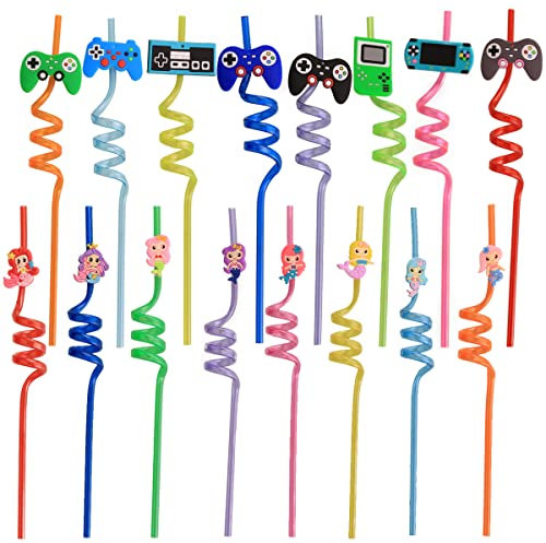 16 Pièces Pailles en Plastique pour les Enfants, Divers de Mignon Forme et Colorée Réutilisable Bouclés Pailles pour Les Fêtes D'anniversaire des Enfants Décorations, Fête Accessoires