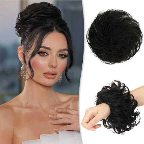 RUWISS Unordentlicher Haarteil 100% Echthaar Rose Dutt für Frauen Echthaar Scrunchies Hochsteckfrisur Haarteile Gelockt Bun Verlängerung Pferdeschwanz Unordentlicher Brötchen(Natürl Schwarz)