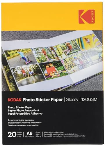 KODAK Photo Sticker Paper - Papel Fotográfico Autoadhesivo, Acabado Brillante, Paquete de 20 Hojas, Tamaño A6 (10x15 cm), 120 g/m², Compatible con Impresoras de Inyección de Tinta