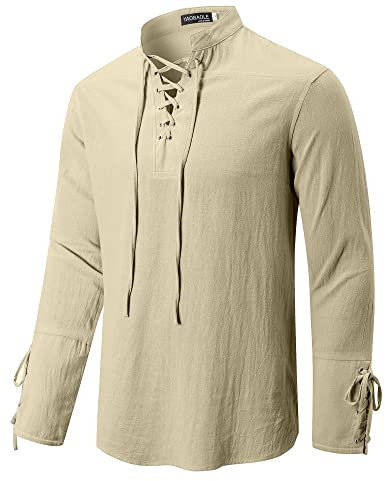 YAOBAOLE Chemise Homme Décontractée Viking à Lacets Style Médiéval Manche Longue Lin Coton Été Déguisement Cosplay Kaki 3XL