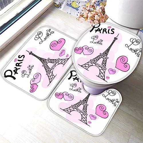 TiaoTian Badematten Set 3D 40x60 Eiffelturm Badezimmerteppich-Set absorbierend 3-teiliges maschinenwaschbare weich badteppich schnell trocknend Gebäude Herz Romantik Badvorleger mit wc deckelbezug
