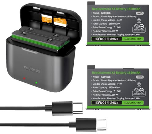Adicop Insta 360 X3 Wasserdicht Aufrüsten Akku und Ladegerät für Insta 360 ONE X3,2PCS 1850mAh Batterie Ersatz Set kompatibel mit Insta 360 X3 Kamera