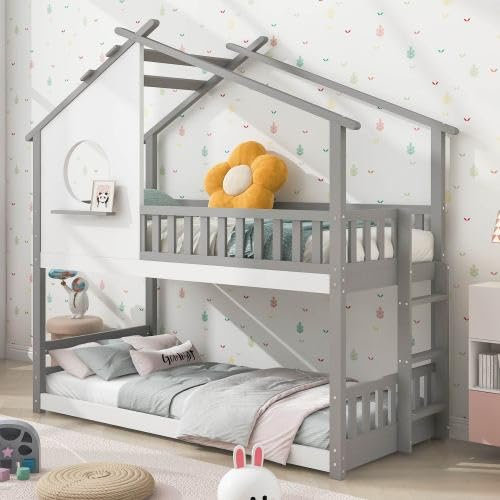 Etagenbett 90×200cm Mit Rechtwinkliger Leiter und Rund Fenster, Kiefer Holzbett Hausbett Kinderbett Mit Fallschutz und Barriere, Stockbett Hochbett Einzelbett Bodenbett Für Kinder, Jugendliche (Grau)