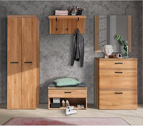 Lomadox Garderoben Flur Set inkl. Spiegel Klappenschrank Garderobenpaneel Bank Dielenschrank in Eiche massiv geölt, B/H/T: ca. 260/200/39 cm