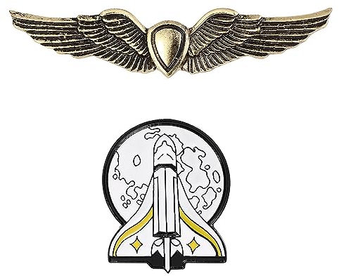 2 Stück Raketen Brosche Pins + Engelsflügel Abzeichen Raumschiff Revers Cosplay Schmuck, 55 mm, Metall