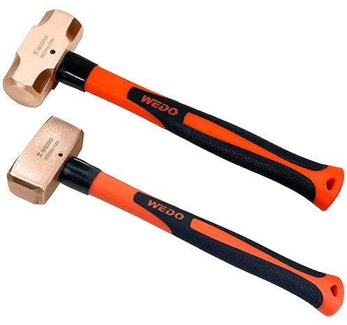WEDO 2PCS Copper Hammer Set,4lb Sledge+4lb Club,Copper Crack Hammer Set with Fiberglass Handle,Die-Forge,Corrosion Resistant, DIN Standard
