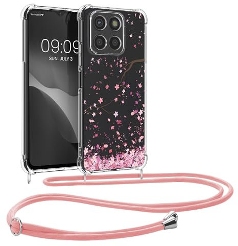 kwmobile Custodia Compatibile con HONOR X6a Cover - Back Case in Silicone TPU - Protezione Smartphone con Cordino - rosa/marrone scuro/trasparente
