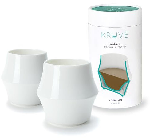 KRUVE Cascade Porcelain Coffee Cups, 2.5oz Double-Walled Espresso Cups, Sensory Espresso Coffee Mug Set for Heat Retention, White Porcelain Drinking Glasses with Enhanced Aroma, Elegant Cup Design