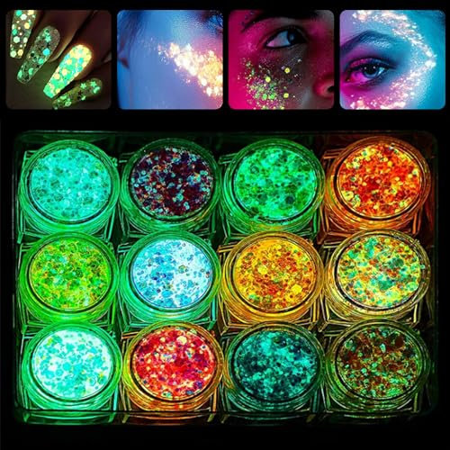 12 Couleurs Paillettes Visage Festival Paillette Maquillage Fluorescent Dans Le Noir Phosphorescent Cheveux Couleurs Lumineuse Paillettes Gel Holographique Set Fluorescent Paillette