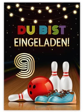 Minkocards 12 Einladungskarten zum 9. Kindergeburtstag Kegeln Bowling Mädchen Jungen Einladung neunte Mädchengeburtstag Jungsgeburtstag