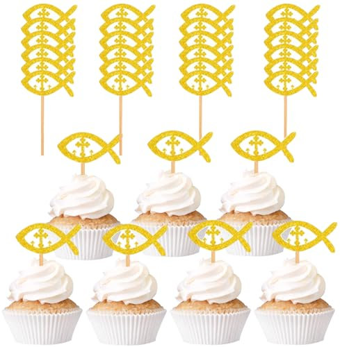 Catelves 25 Stück Kommunion Tortendeko - Cupcake Topper Taufe & Fisch Kuchen Deko für Jungen & Mädchen, Babyparty & Babydusche