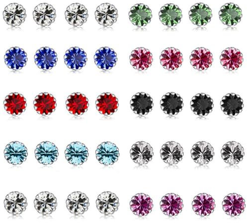 KSJEHW 40 Stücke 2mm Mini Titan Ohrstecker für Damen Herren Medizinische Ohrstecker Set Titan Ohrringe Kinder Ohrringe Chirurgenstahl Geschenke für Damen Herren mit Schmuckkästchen(Gemischte Farben)